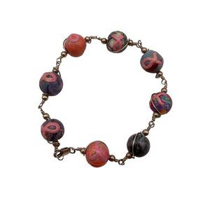 Artisan‎ Polymer Clay Bead Bracelet Sterling Sliver 925 Pink Ribbon Awareness